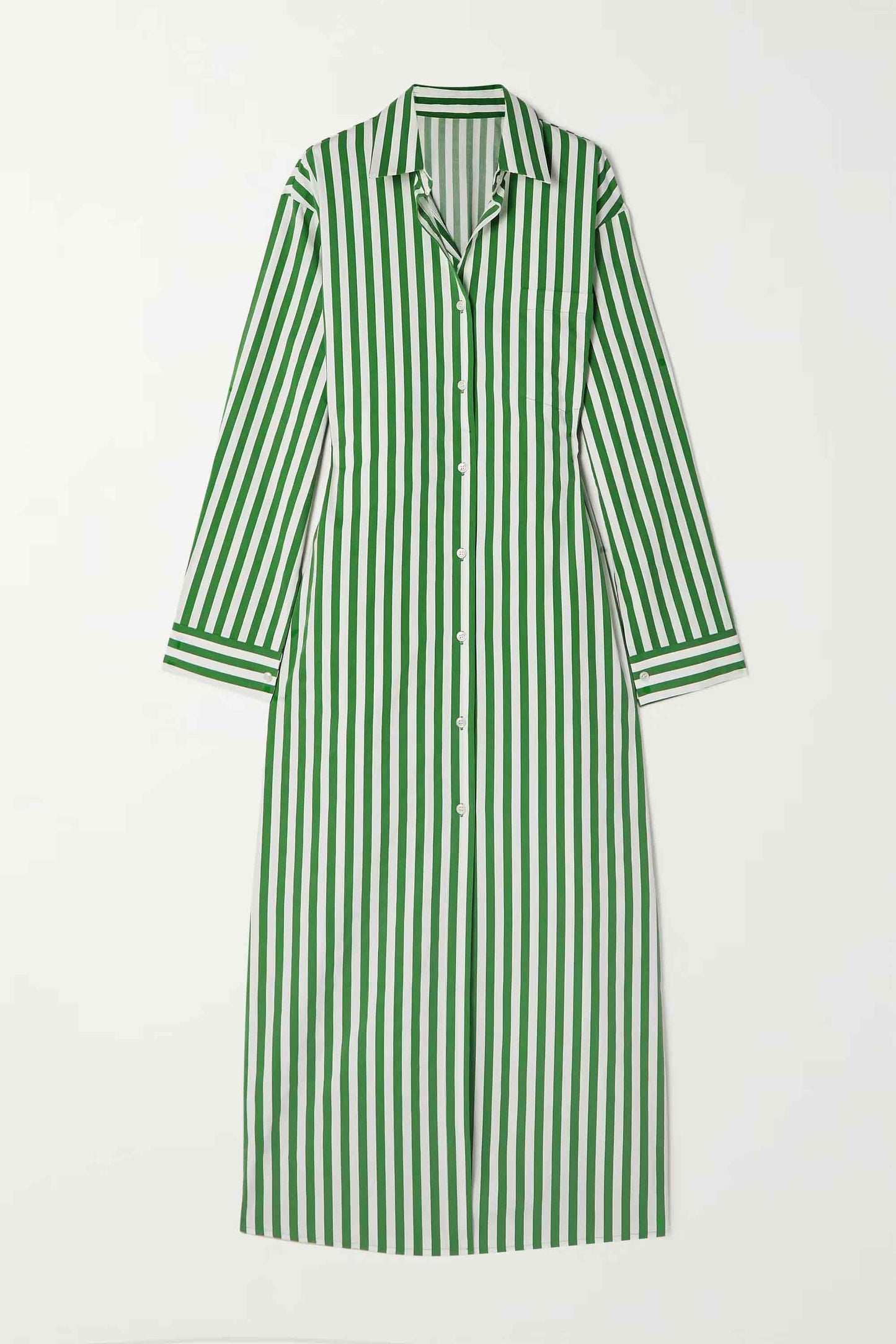 Cotton Elegance Stripes Premium Full Length Shirt Dress  Green Color