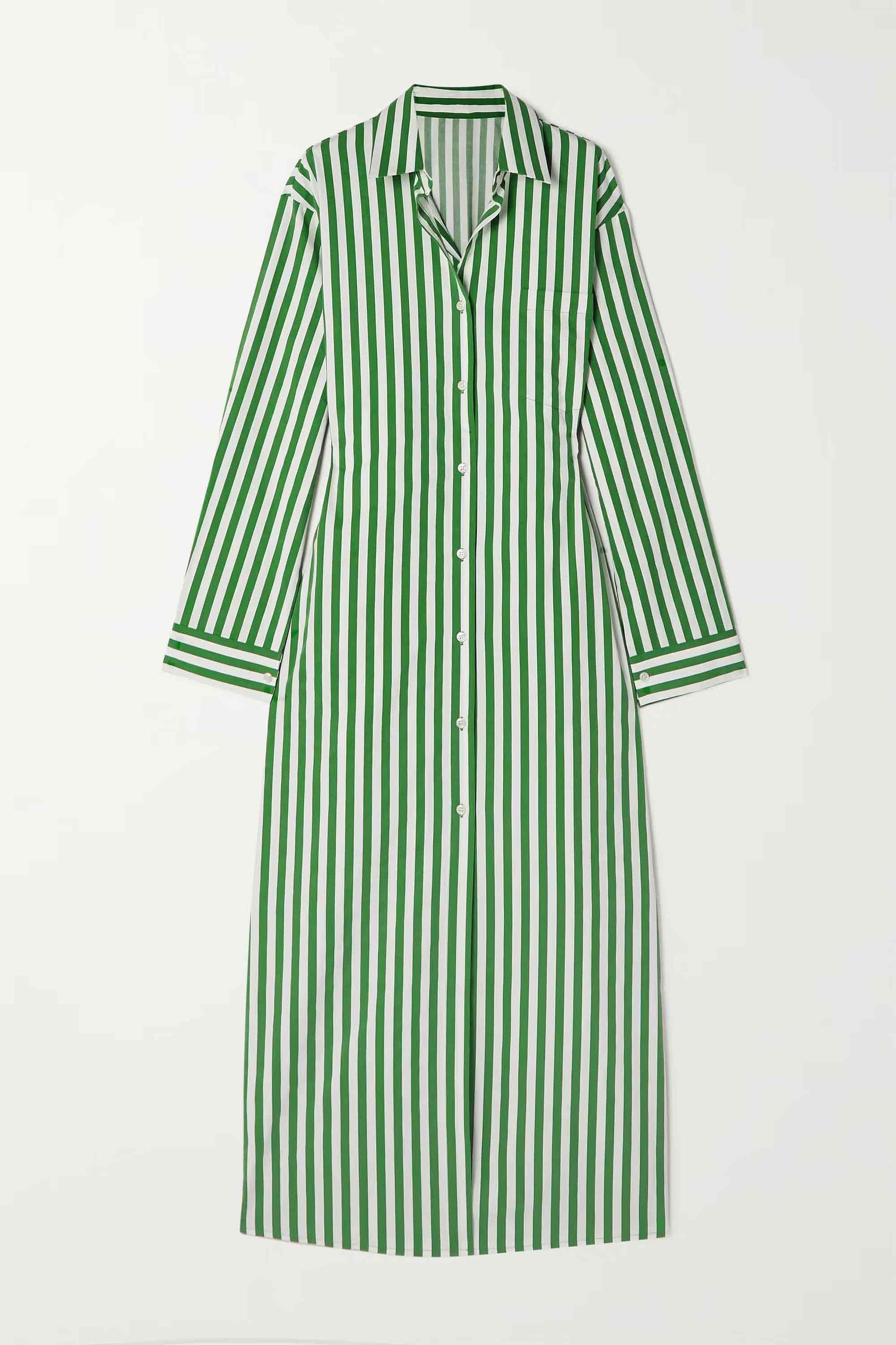 Cotton Elegance Stripes Premium Full Length Shirt Dress  Green Color