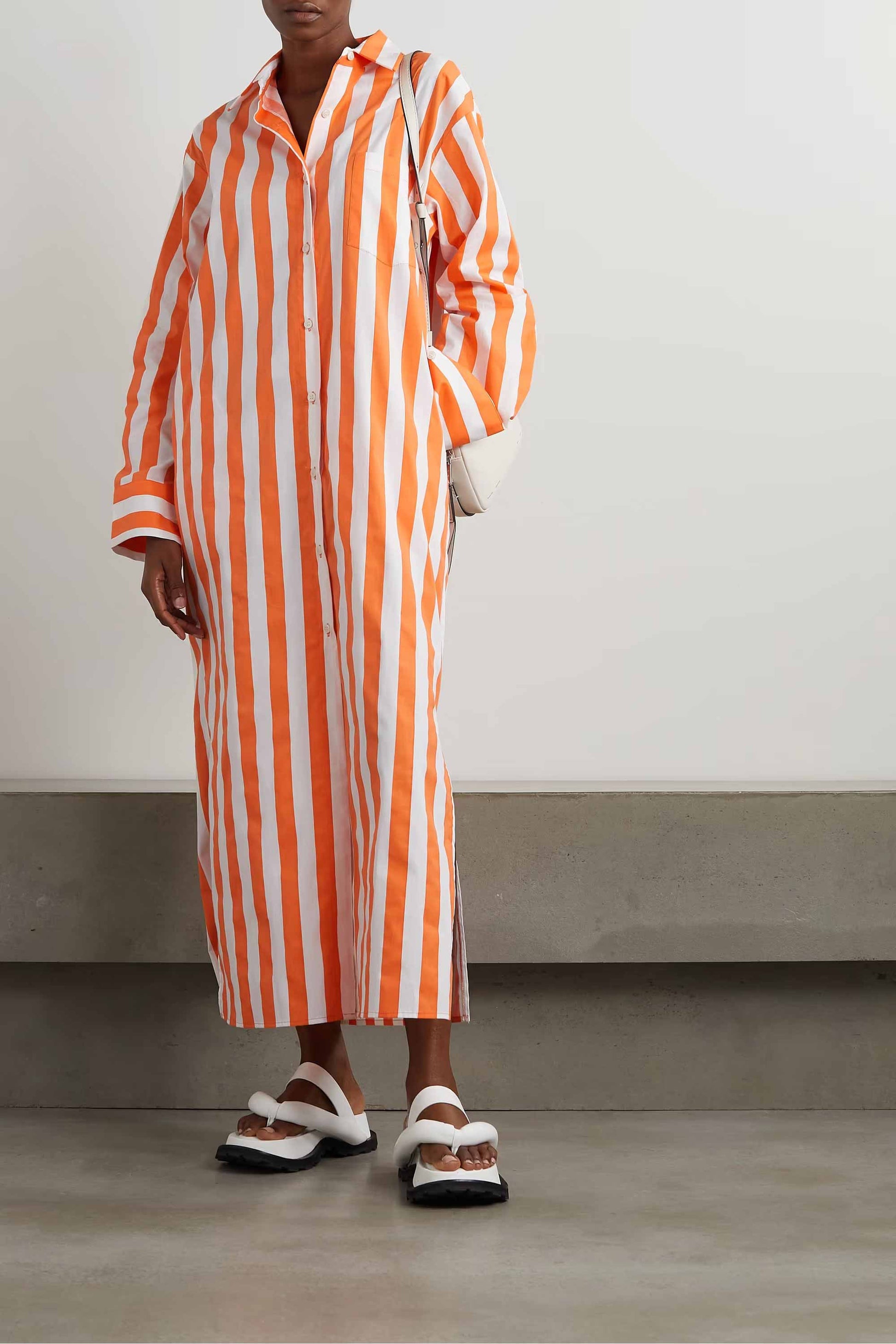Cotton Elegance Stripes Premium Full Length Shirt Dress Orange Color
