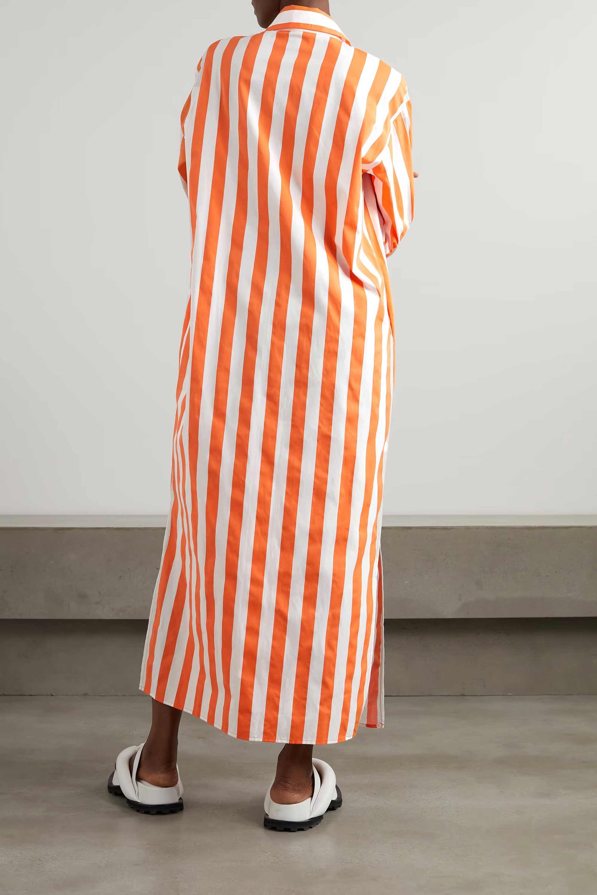 Cotton Elegance Stripes Premium Full Length Shirt Dress Orange Color