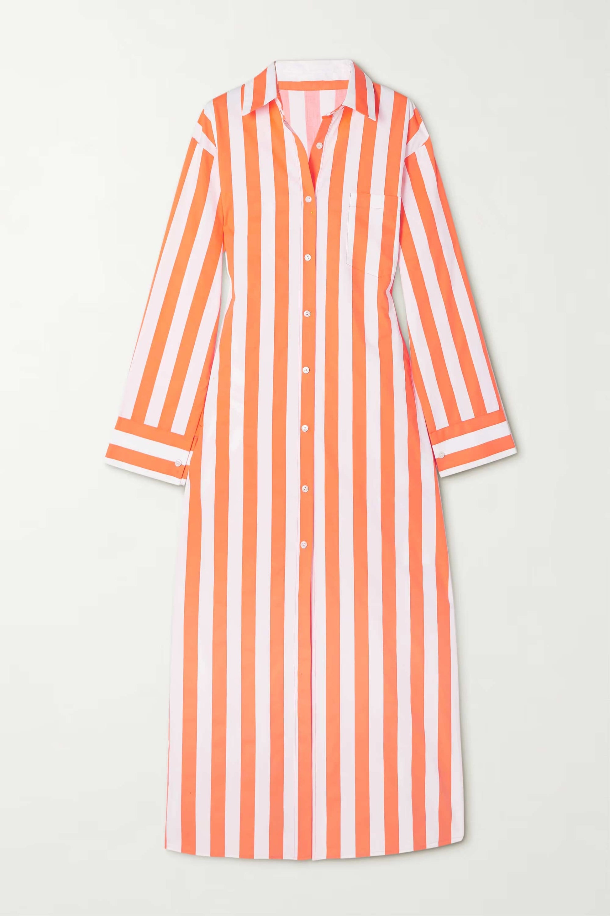 Cotton Elegance Stripes Premium Full Length Shirt Dress Orange Color