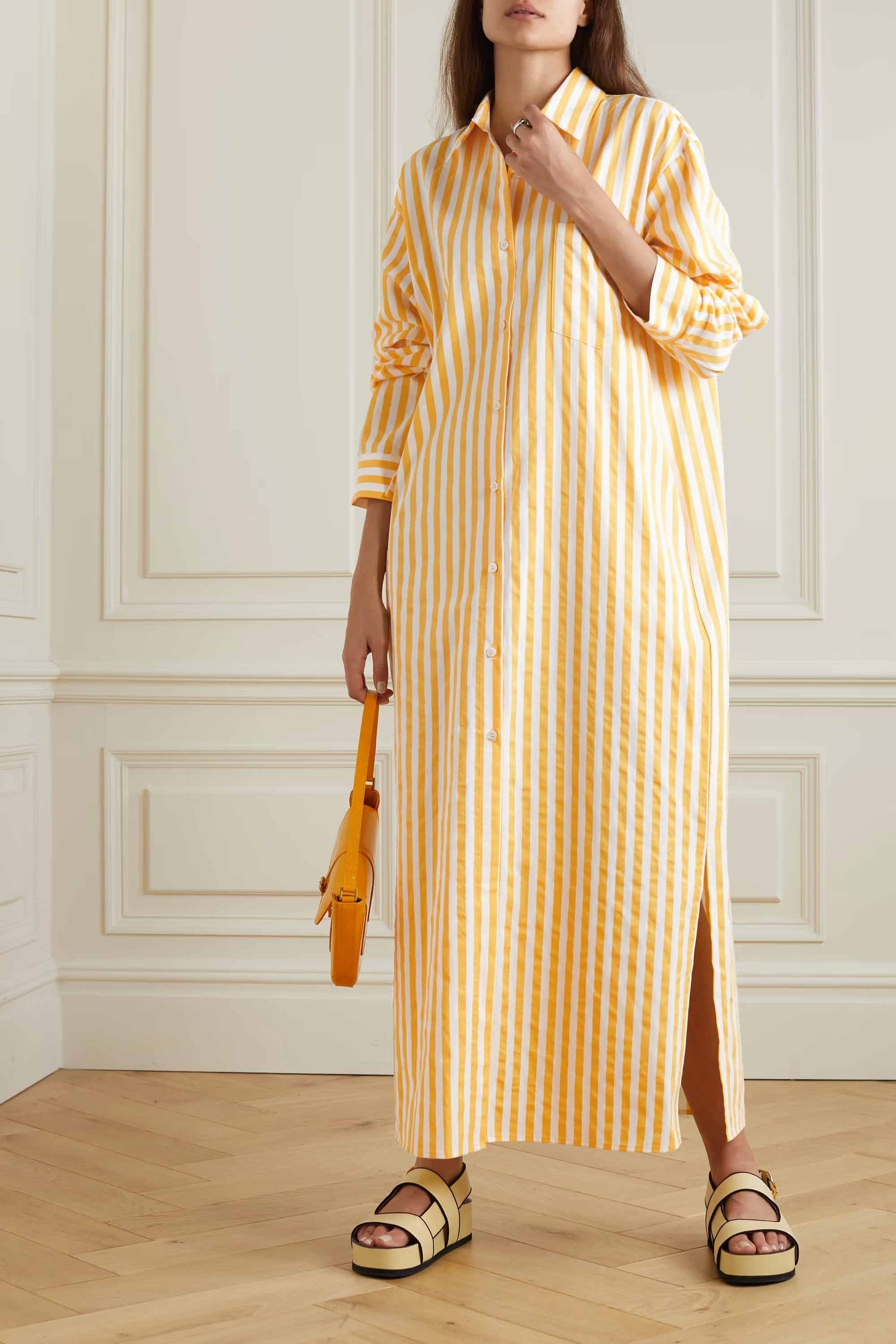 Cotton Elegance Stripes Premium Full Length Shirt Dress Yellow Color
