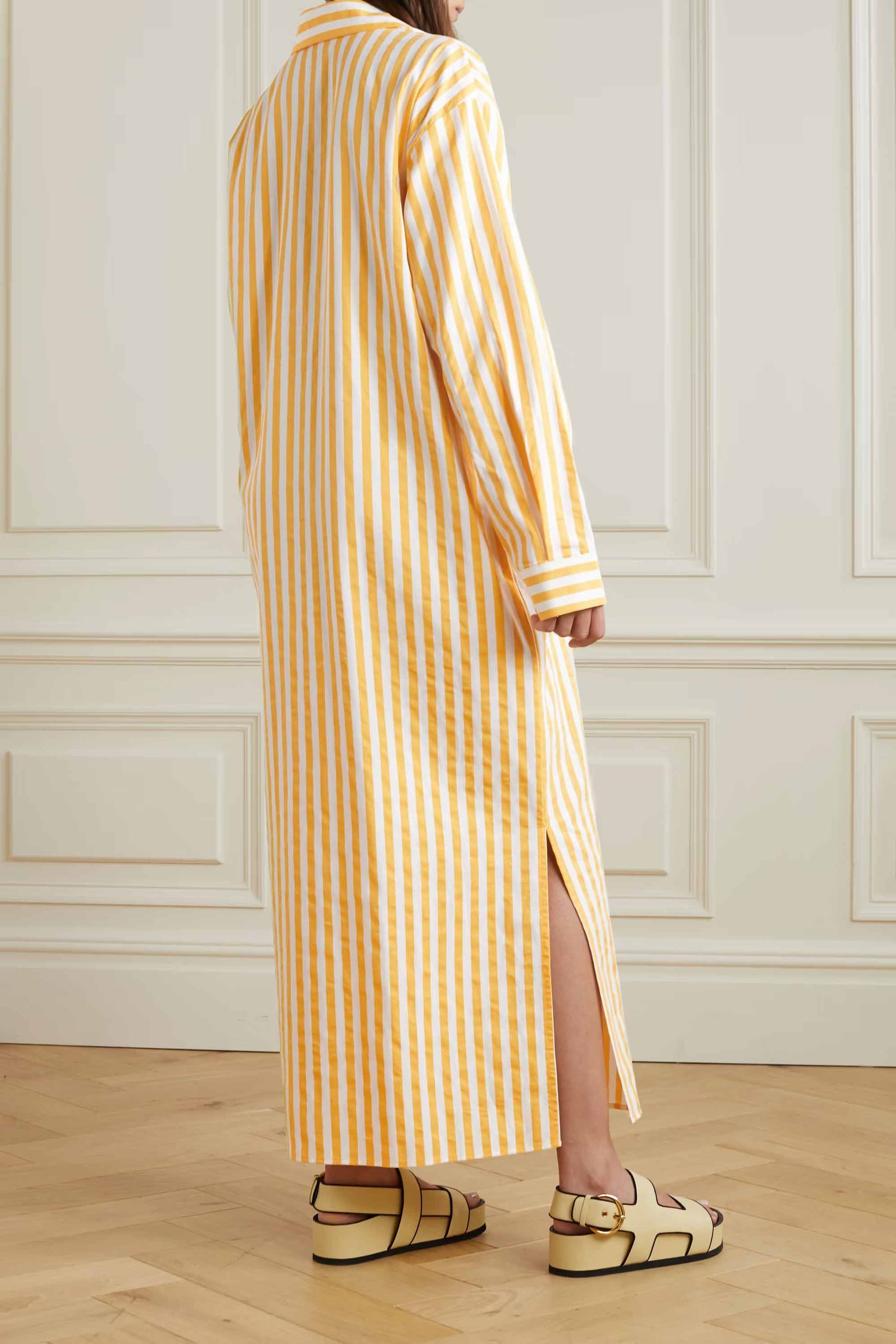 Cotton Elegance Stripes Premium Full Length Shirt Dress Yellow Color