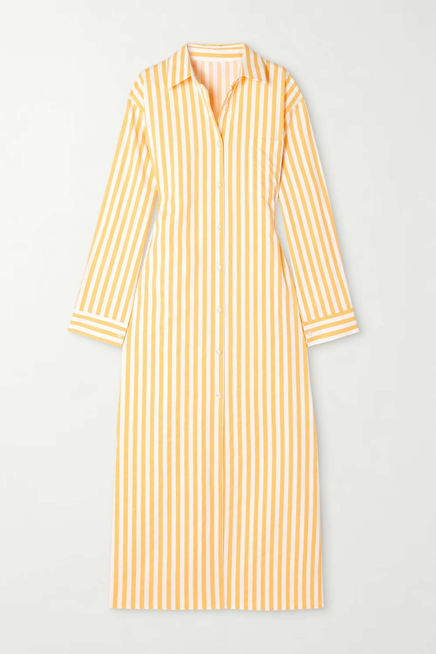 Cotton Elegance Stripes Premium Full Length Shirt Dress Yellow Color