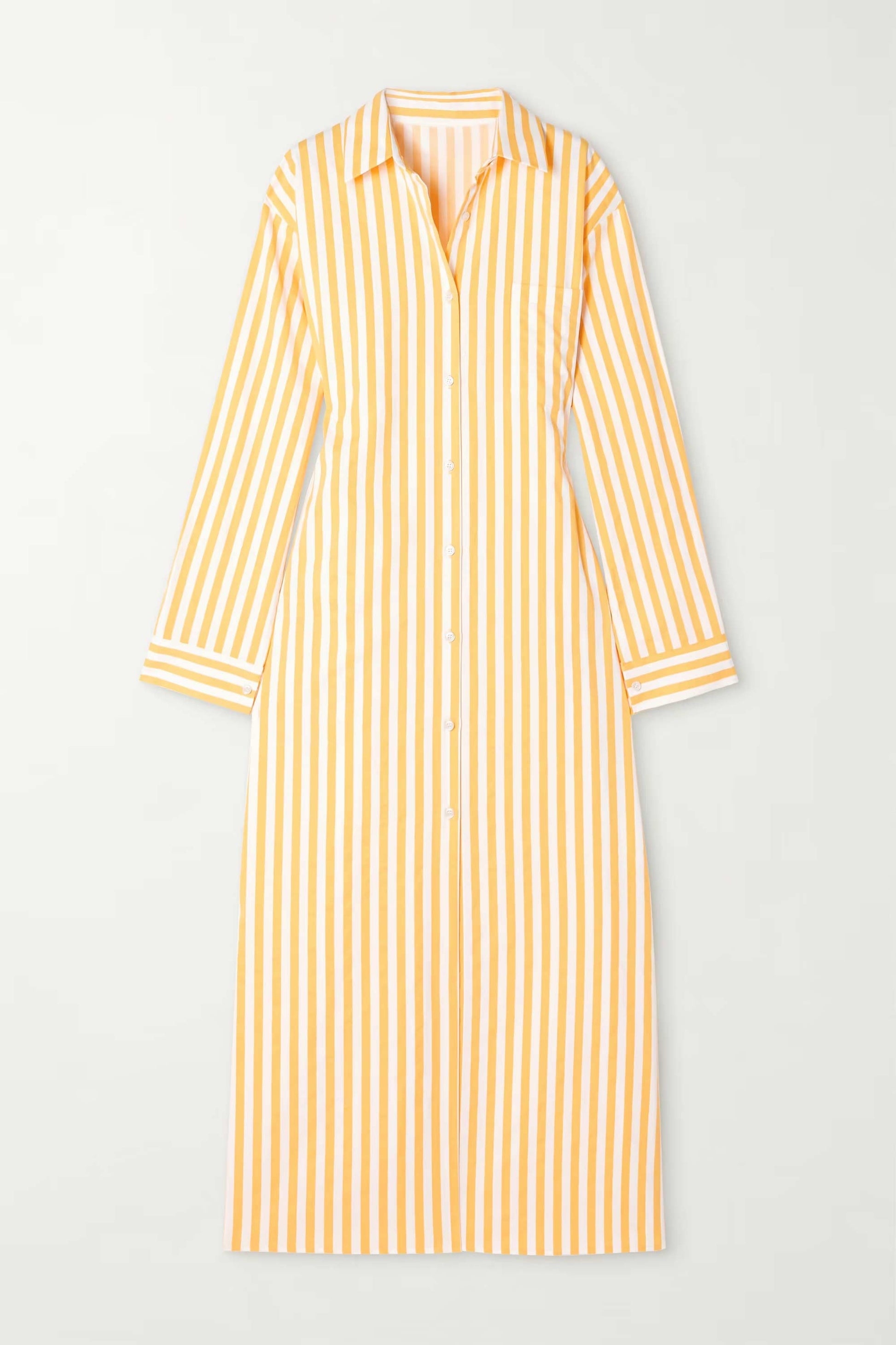 Cotton Elegance Stripes Premium Full Length Shirt Dress Yellow Color