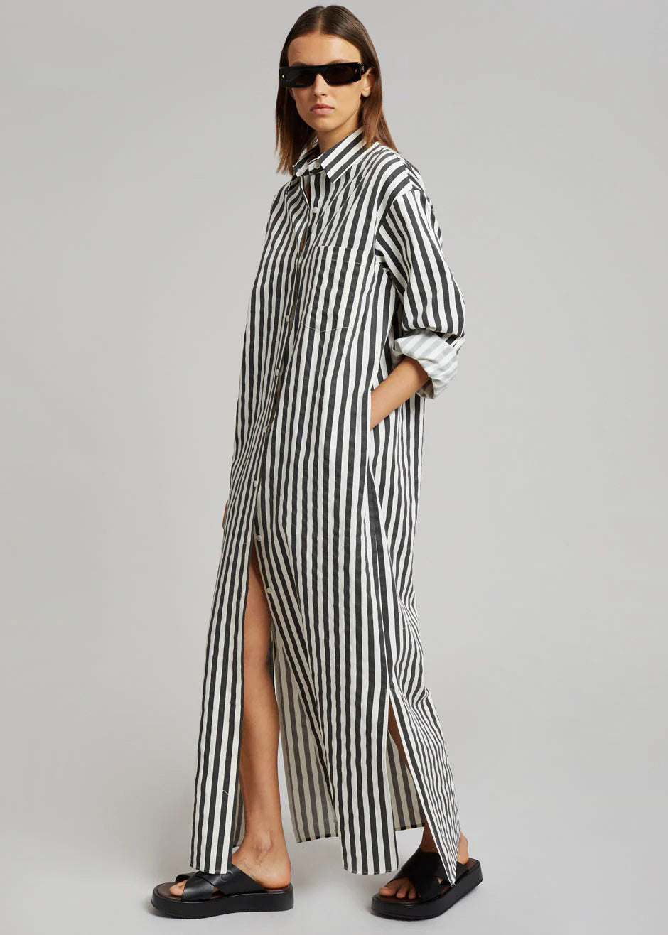 Cotton Elegance Stripes Premium Full Length Shirt Dress Black Color