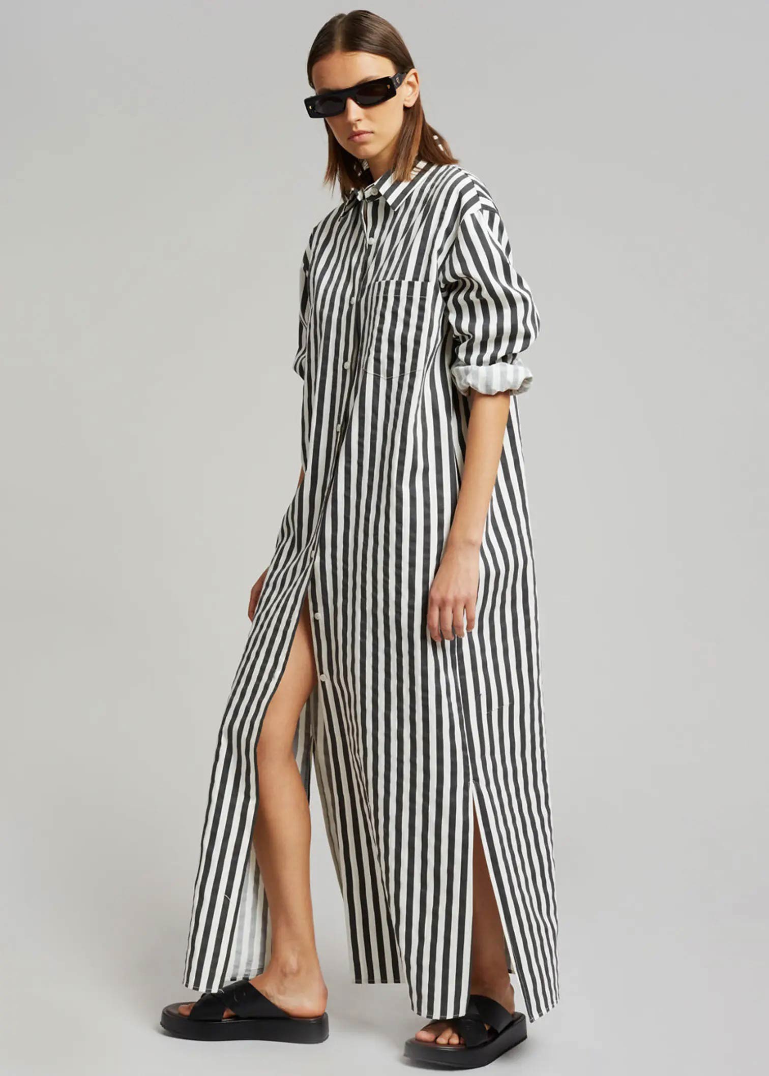 Cotton Elegance Stripes Premium Full Length Shirt Dress Black Color