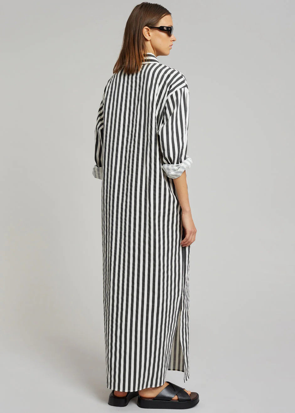 Cotton Elegance Stripes Premium Full Length Shirt Dress Black Color