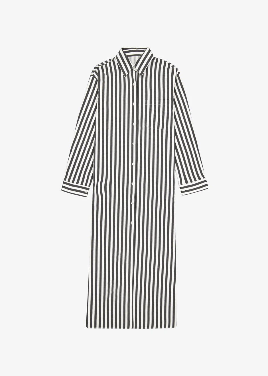Cotton Elegance Stripes Premium Full Length Shirt Dress Black Color