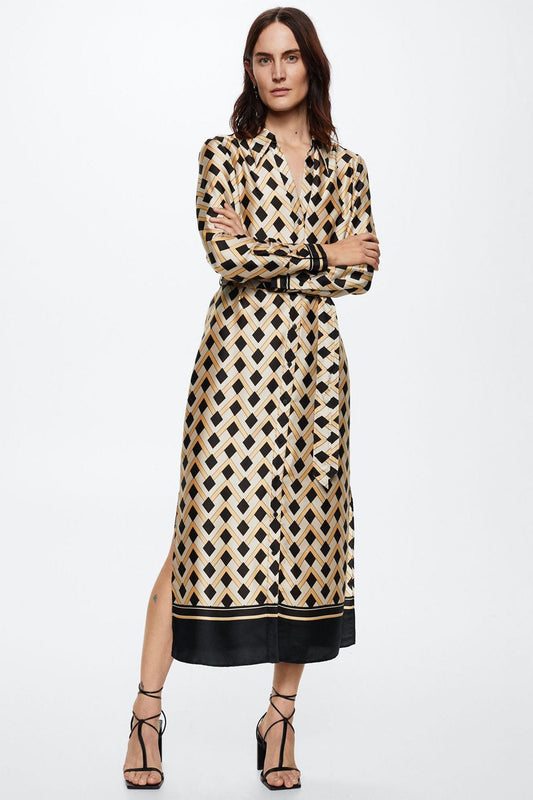 Checks Design Geometric Print Shirt Dress With Style collar And Long sleeves With Buttoned Cuffs And Adjustable Waist Tie.