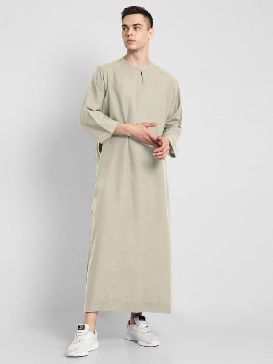 Mens Beige long sleeve thobe with mandarin collar and side pockets
