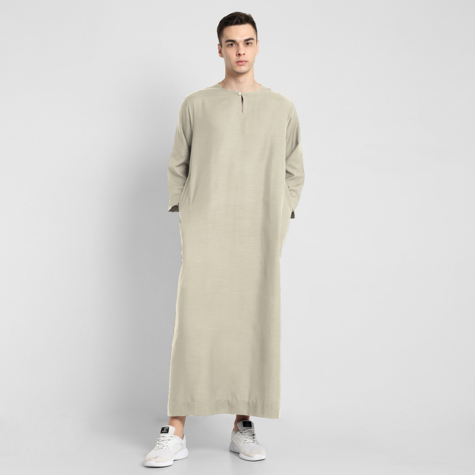 Mens Beige long sleeve thobe with mandarin collar and side pockets