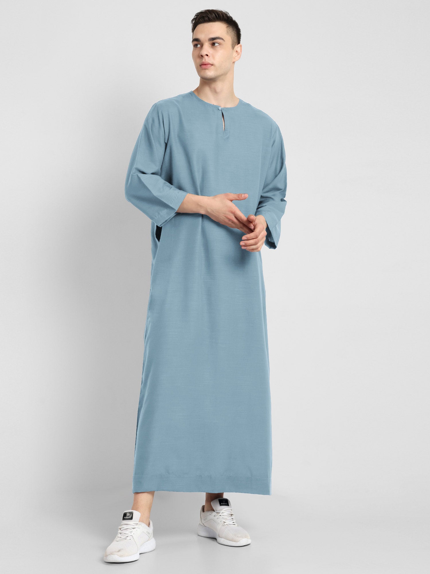 Mens Blue long sleeve thobe with mandarin collar and side pockets