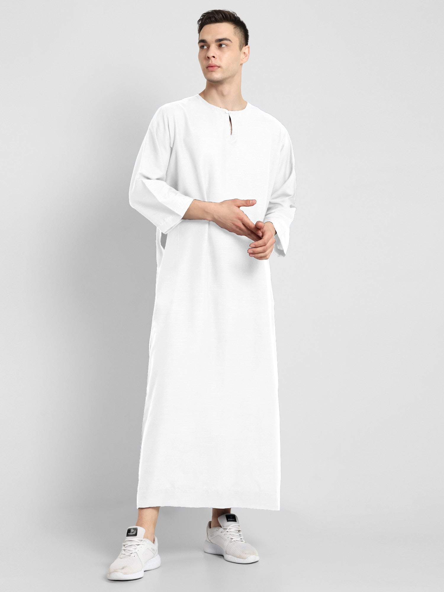 Mens White long sleeve thobe with mandarin collar and side pockets