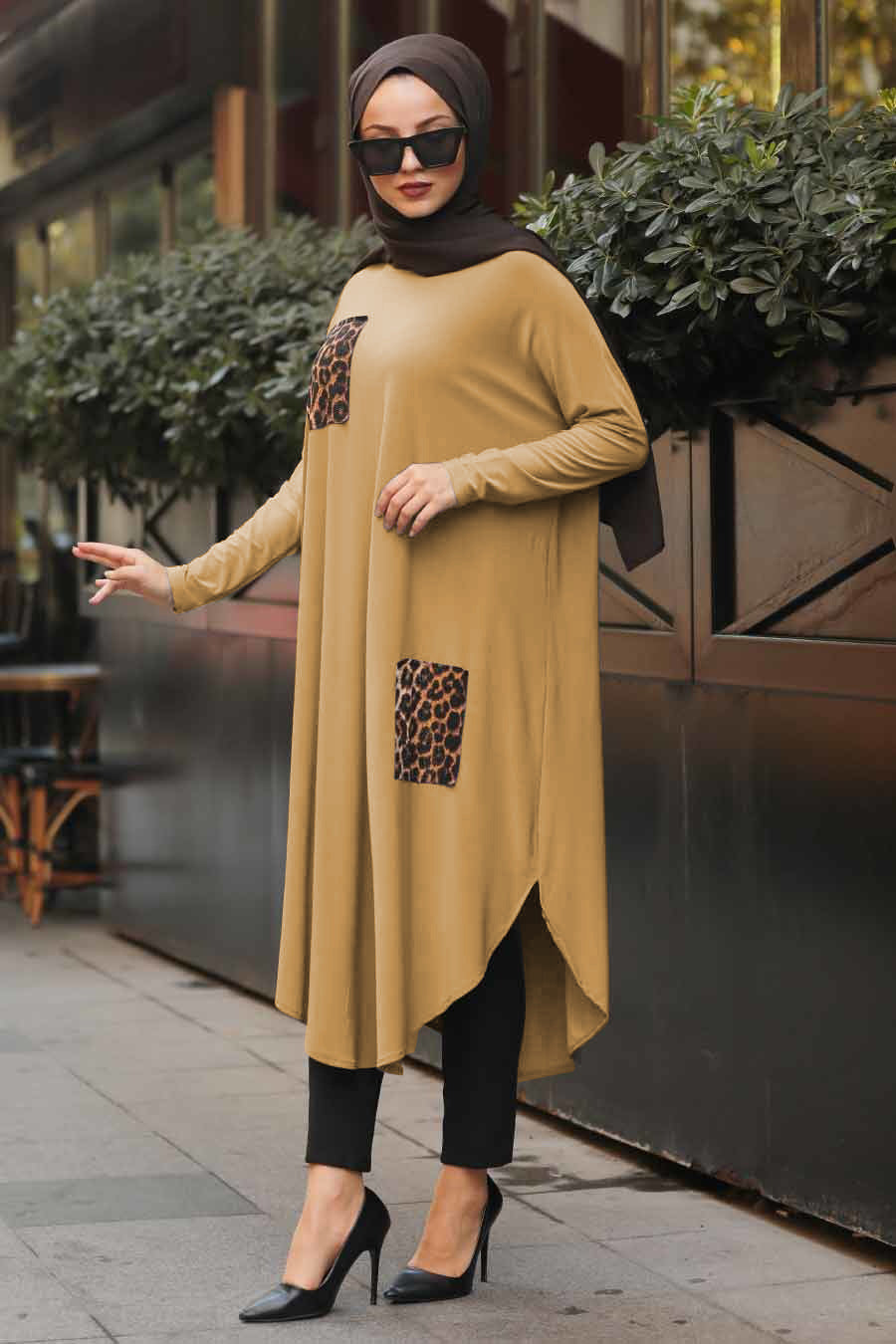 Beige modest tunic with leopard print details on pocket and side, perfect for a fashion forward modest wardrobe