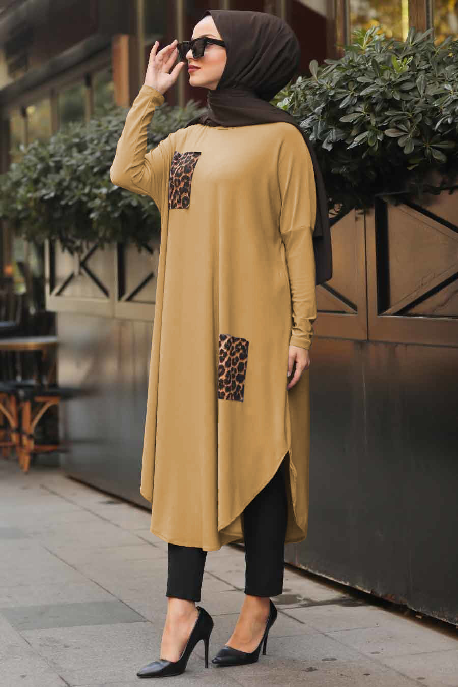 Beige modest tunic with leopard print details on pocket and side, perfect for a fashion forward modest wardrobe