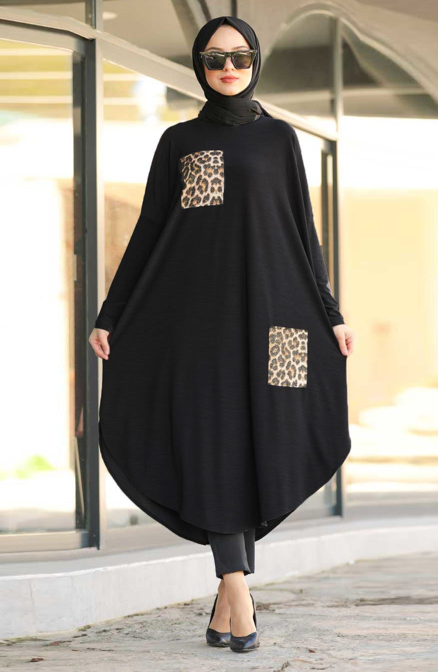 Black modest tunic with leopard print details on pocket and side, perfect for a fashion forward modest wardrobe