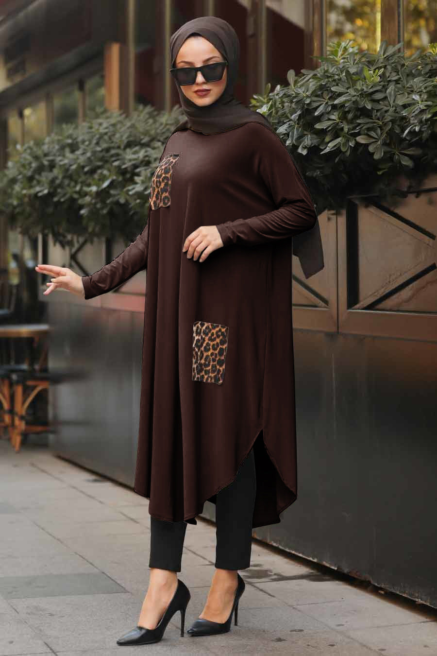Brown modest tunic with leopard print details on pocket and side, perfect for a fashion forward modest wardrobe