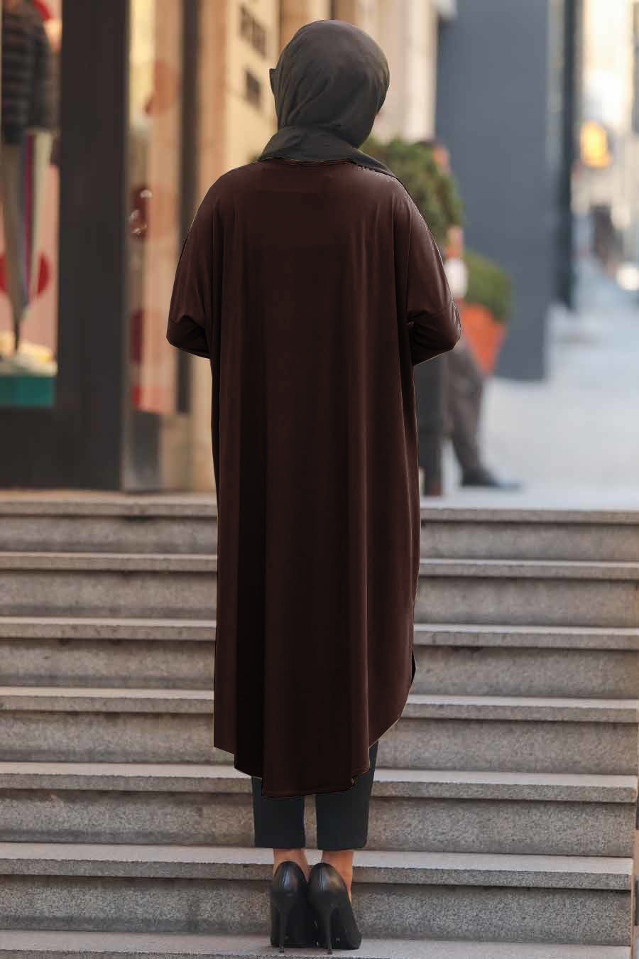 Brown modest tunic with leopard print details on pocket and side, perfect for a fashion forward modest wardrobe