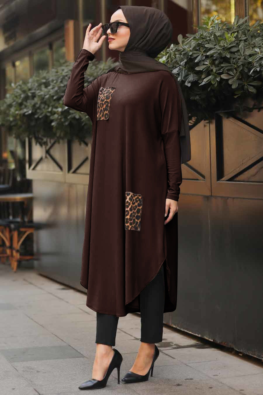 Brown modest tunic with leopard print details on pocket and side, perfect for a fashion forward modest wardrobe