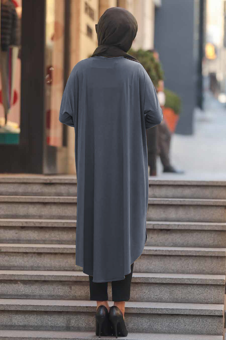 Grey modest tunic with leopard print details on pocket and side, perfect for a fashion forward modest wardrobe