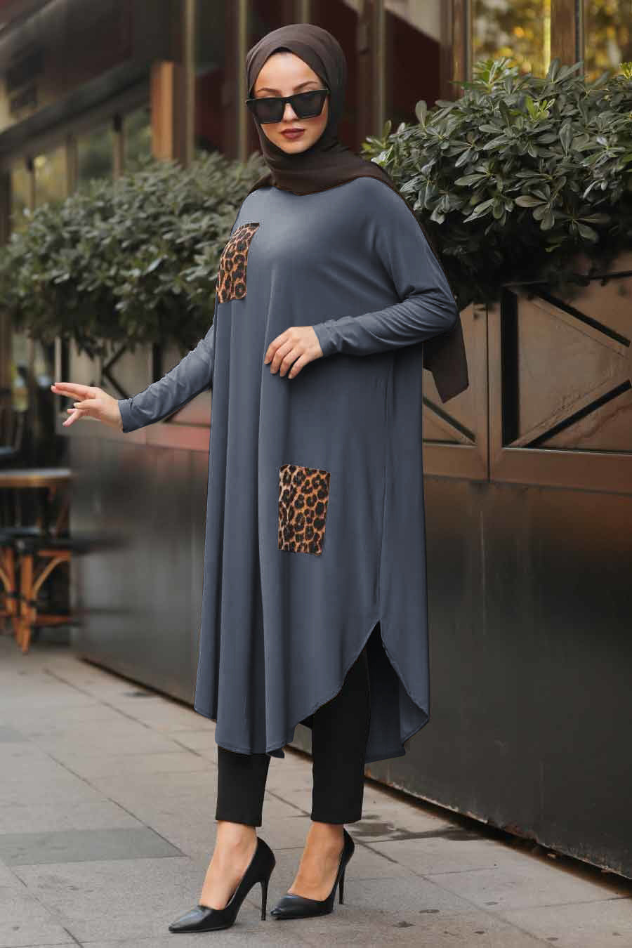 Grey modest tunic with leopard print details on pocket and side, perfect for a fashion forward modest wardrobe