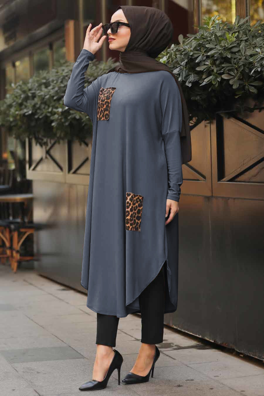 Grey modest tunic with leopard print details on pocket and side, perfect for a fashion forward modest wardrobe