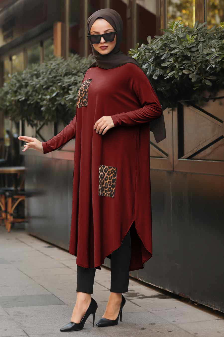 Maroon modest tunic with leopard print details on pocket and side, perfect for a fashion forward modest wardrobe