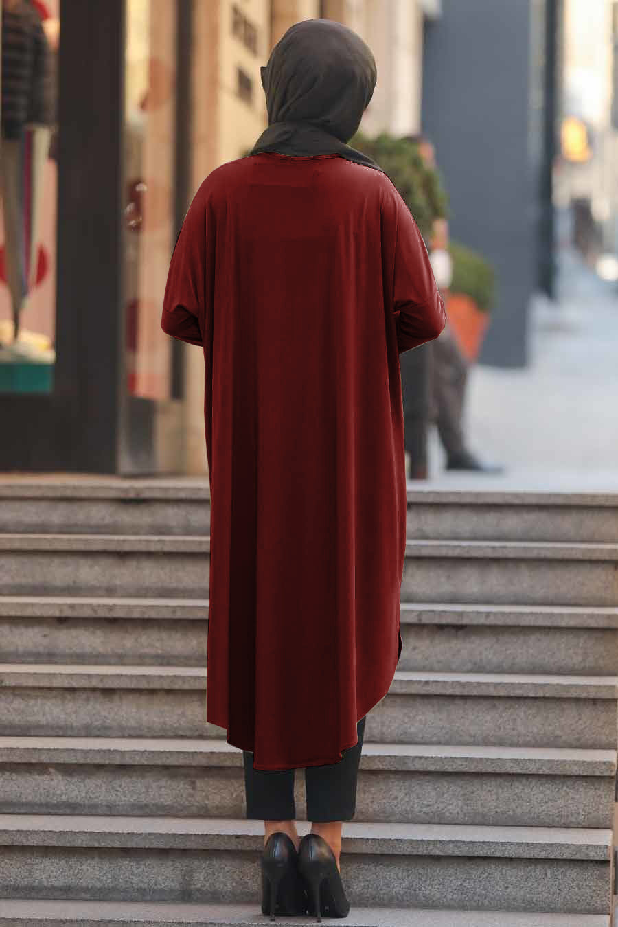 Maroon modest tunic with leopard print details on pocket and side, perfect for a fashion forward modest wardrobe