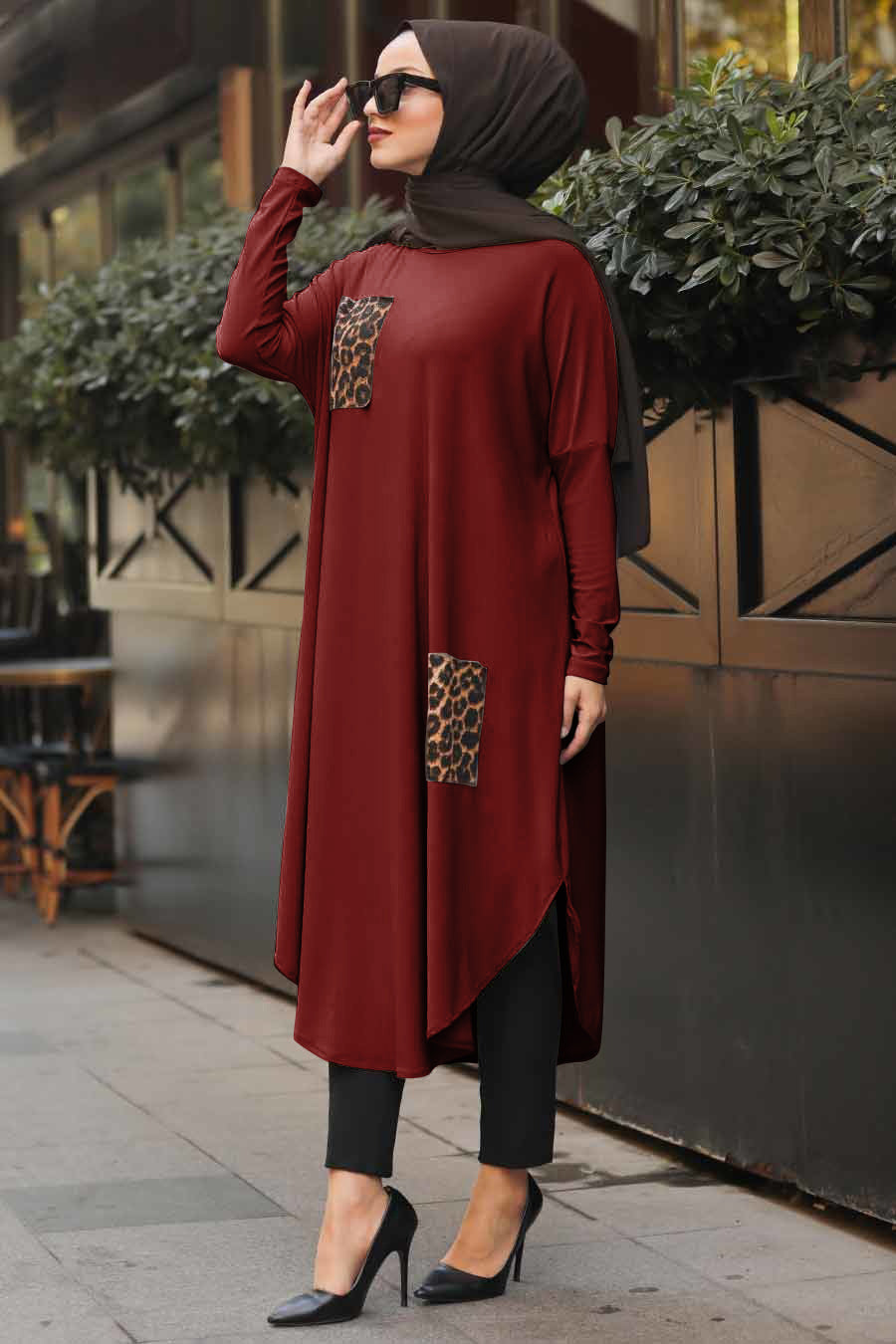 Maroon modest tunic with leopard print details on pocket and side, perfect for a fashion forward modest wardrobe