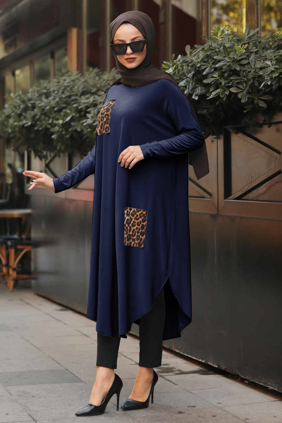 Navy Blue modest tunic with leopard print details on pocket and side, perfect for a fashion forward modest wardrobe