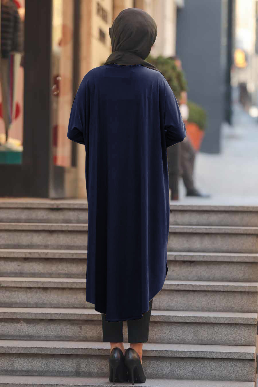 Navy Blue modest tunic with leopard print details on pocket and side, perfect for a fashion forward modest wardrobe