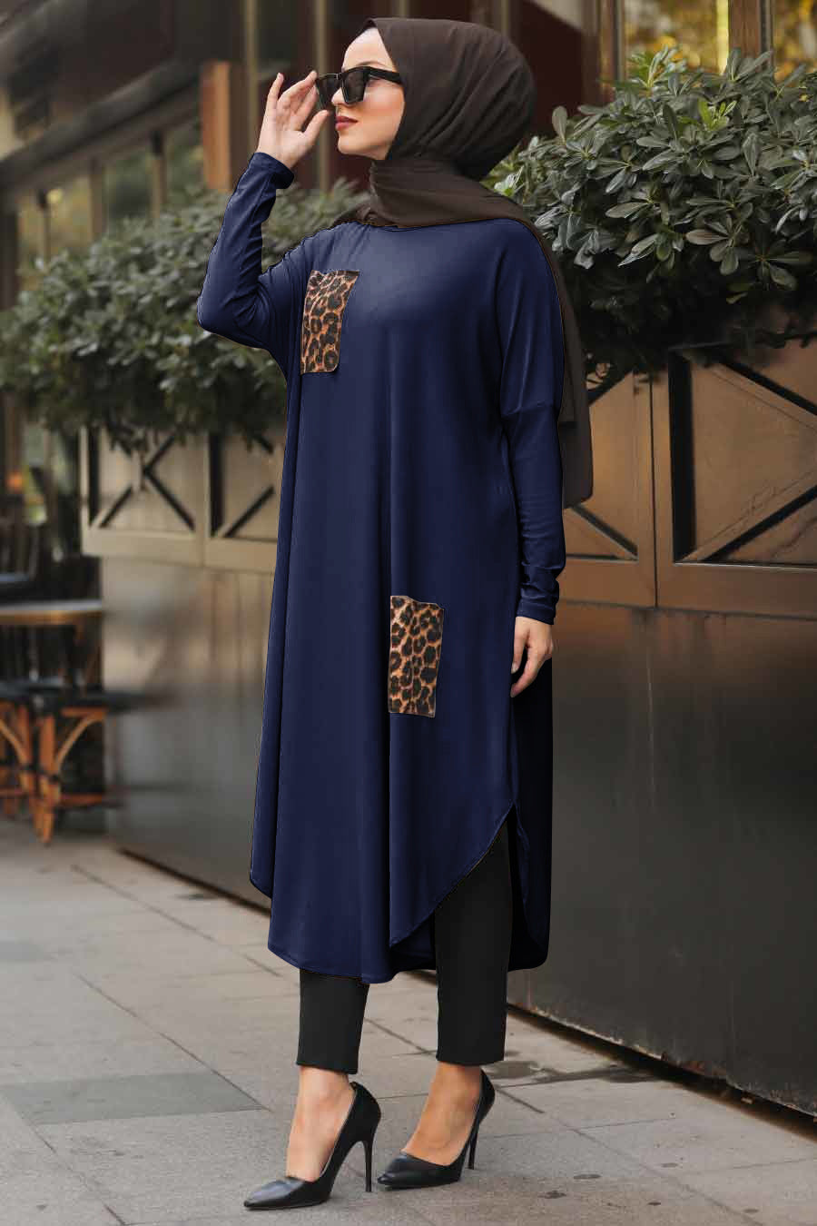 Navy Blue modest tunic with leopard print details on pocket and side, perfect for a fashion forward modest wardrobe