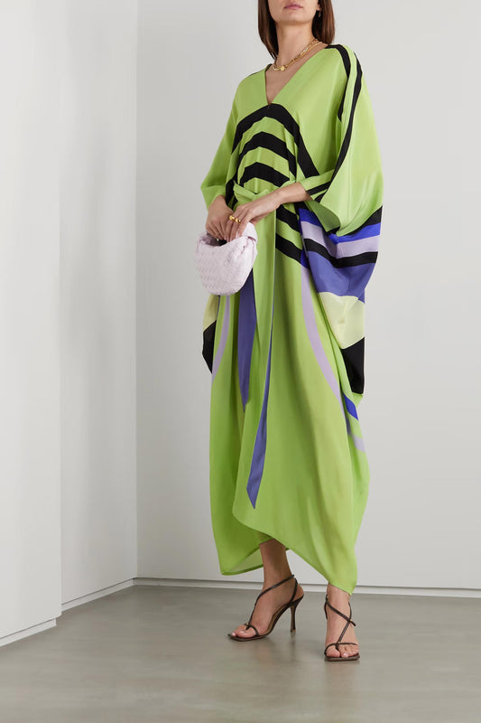 Lime Green V Neck Kaftan Geometric Print