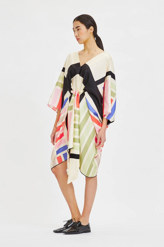 V Neck Kaftan Including Waist Belt With Lining Print