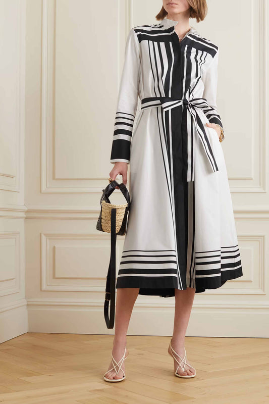 Black & White Color Women's Shirt Dress With Waist Belt