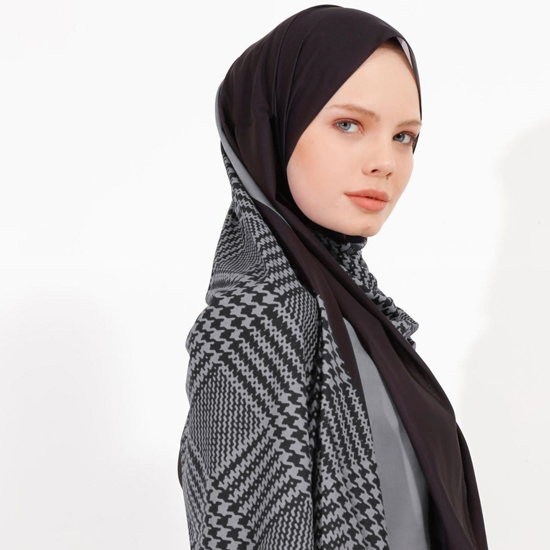 Stylish geometric pattern hijab in diverse colors, perfect for modern modest fashion in Grey Color