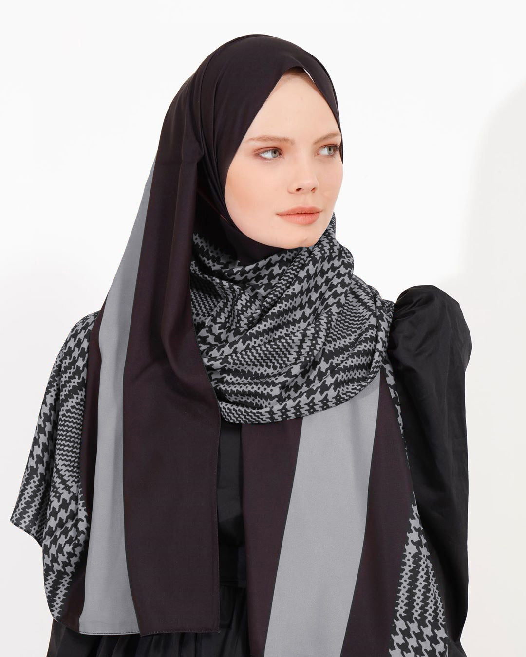 Stylish geometric pattern hijab in diverse colors, perfect for modern modest fashion in Grey Color