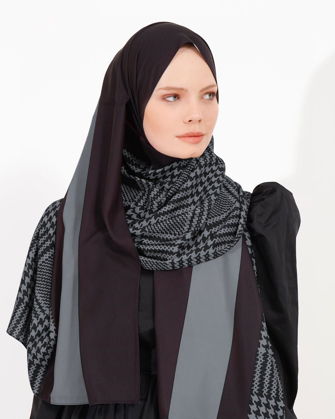 Stylish geometric pattern hijab in diverse colors, perfect for modern modest fashion in Matt Grey Color