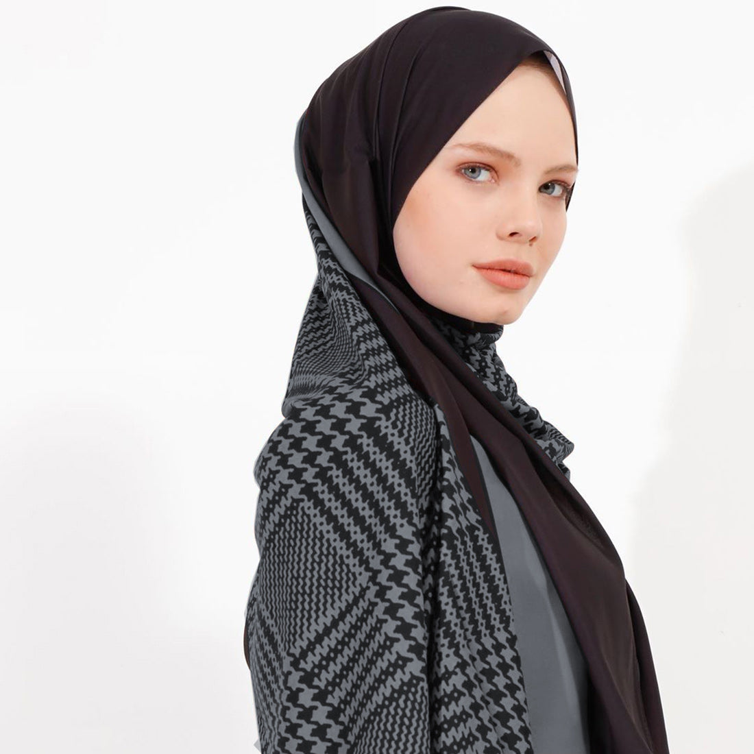 Stylish geometric pattern hijab in diverse colors, perfect for modern modest fashion in Matt Grey Color