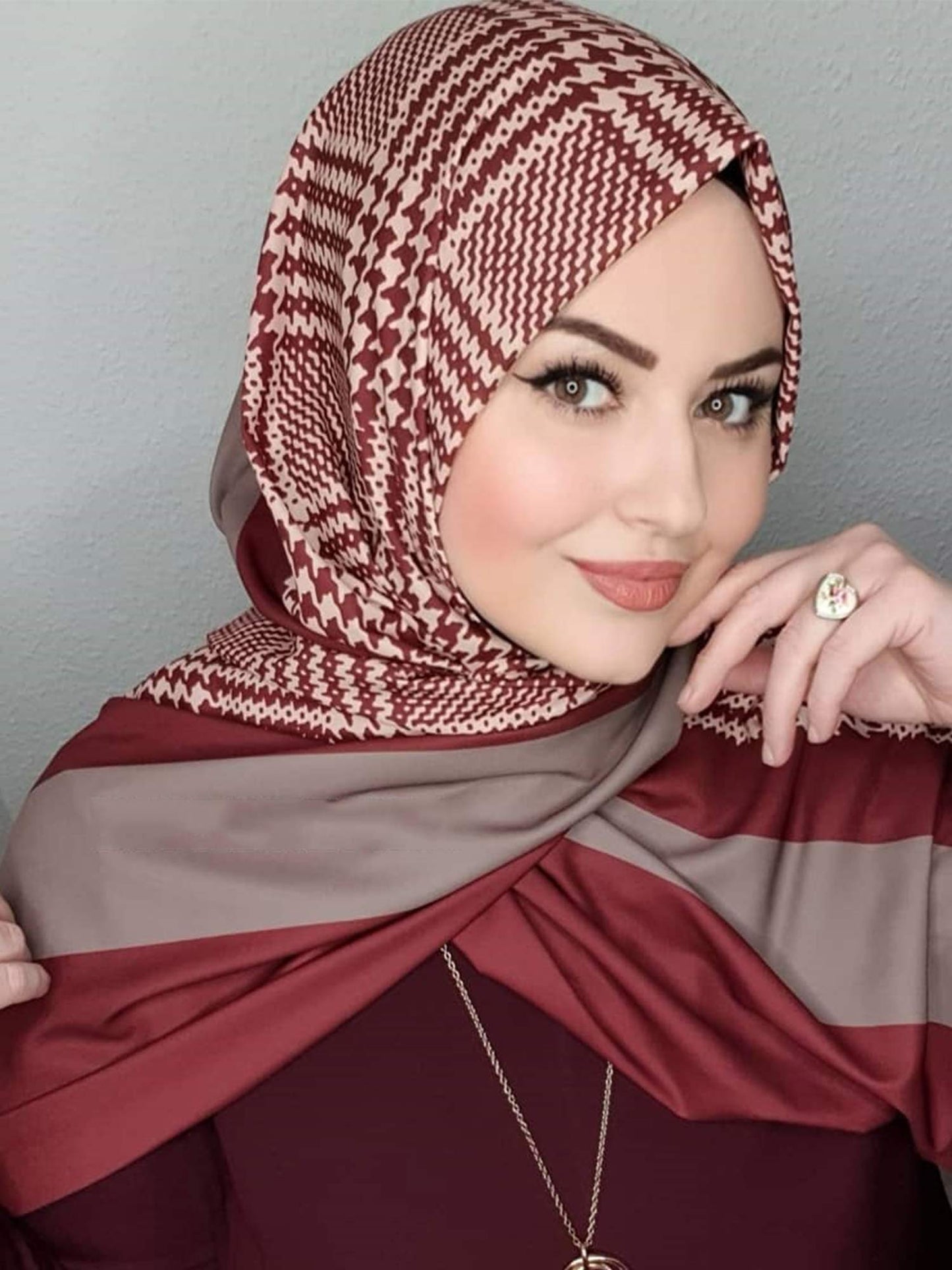 Stylish geometric pattern hijab in diverse colors, perfect for modern modest fashion in Maroon Color