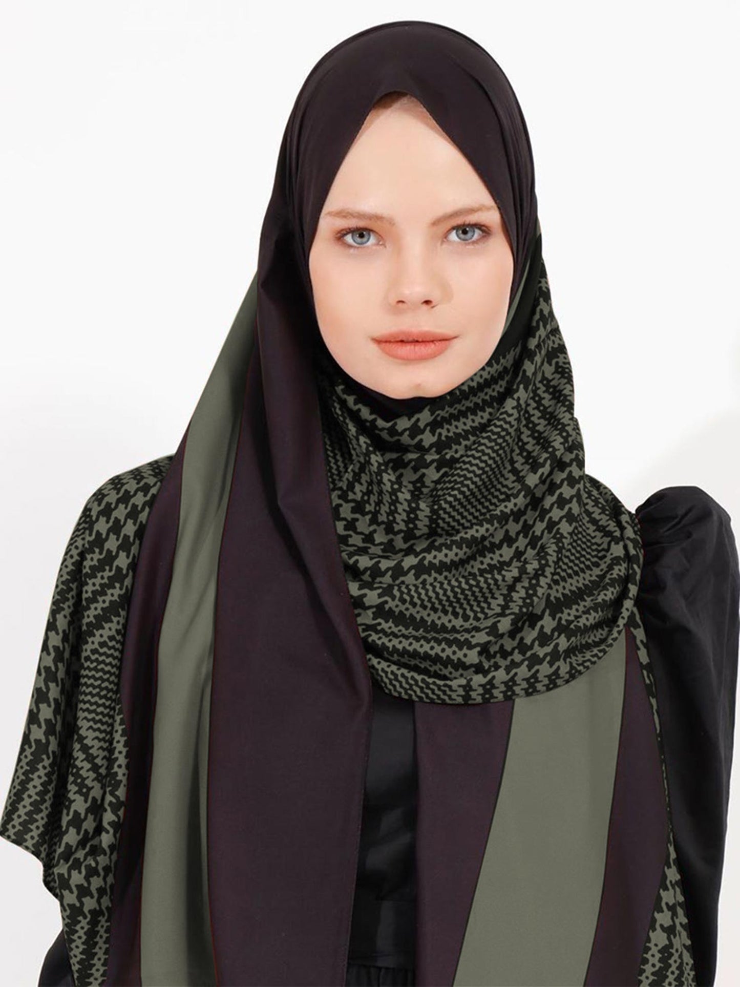 Stylish geometric pattern hijab in diverse colors, perfect for modern modest fashion in Olive Color