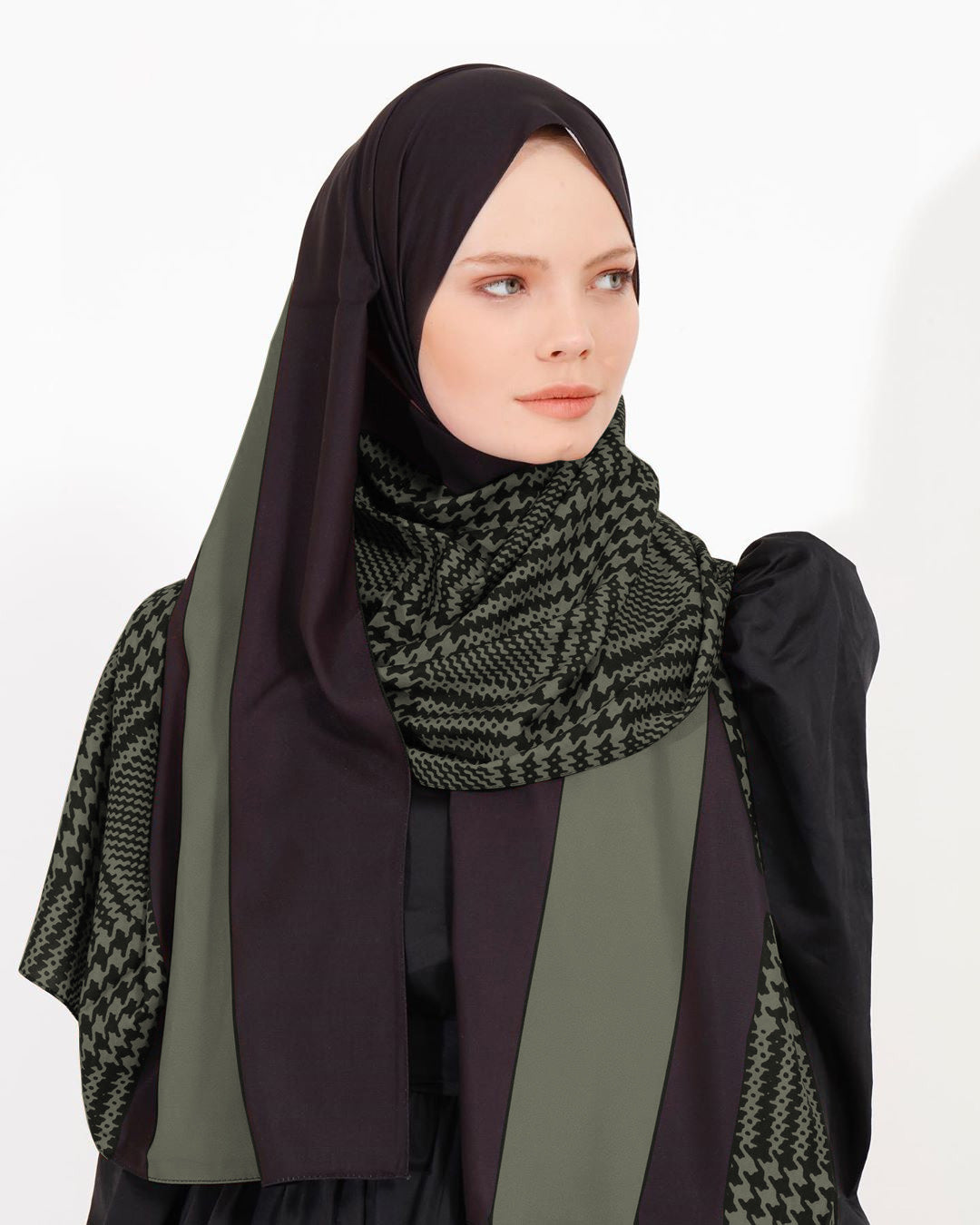 Stylish geometric pattern hijab in diverse colors, perfect for modern modest fashion in Olive Color