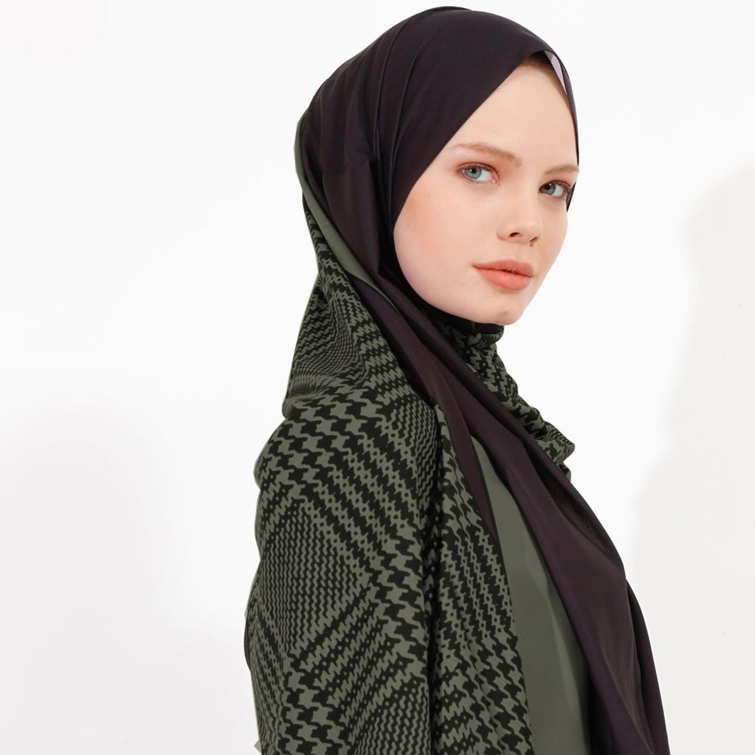 Stylish geometric pattern hijab in diverse colors, perfect for modern modest fashion in Olive Color