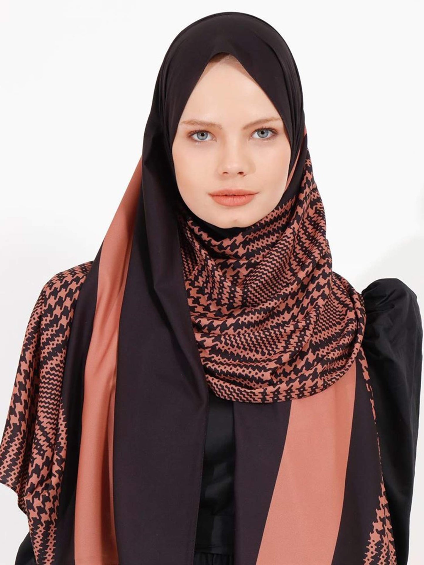 Stylish geometric pattern hijab in diverse colors, perfect for modern modest fashion in Peach Color