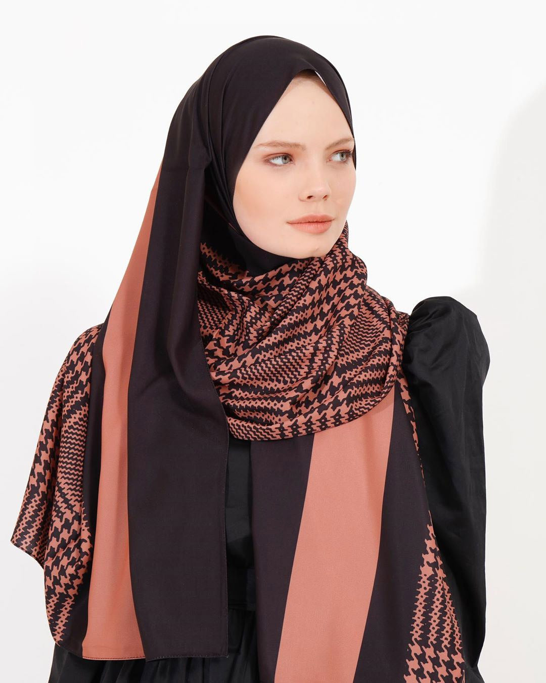 Stylish geometric pattern hijab in diverse colors, perfect for modern modest fashion in Peach Color