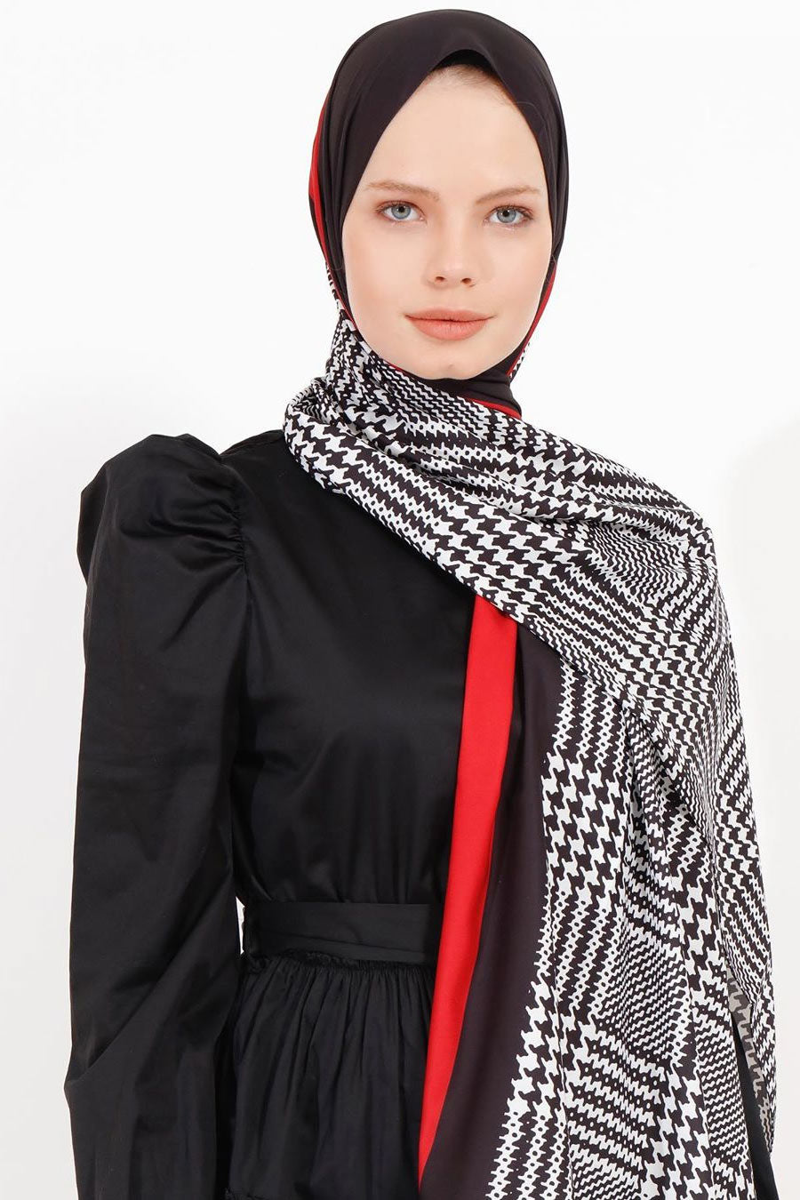 Stylish geometric pattern hijab in diverse colors, perfect for modern modest fashion in Red Color