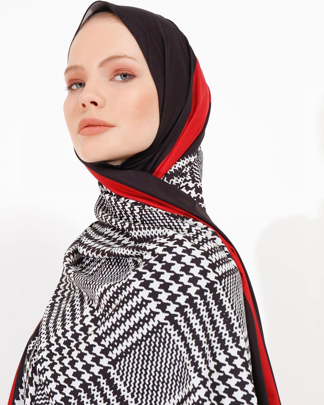 Stylish geometric pattern hijab in diverse colors, perfect for modern modest fashion in Red Color