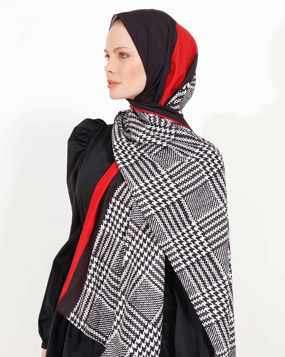 Stylish geometric pattern hijab in diverse colors, perfect for modern modest fashion in Red Color