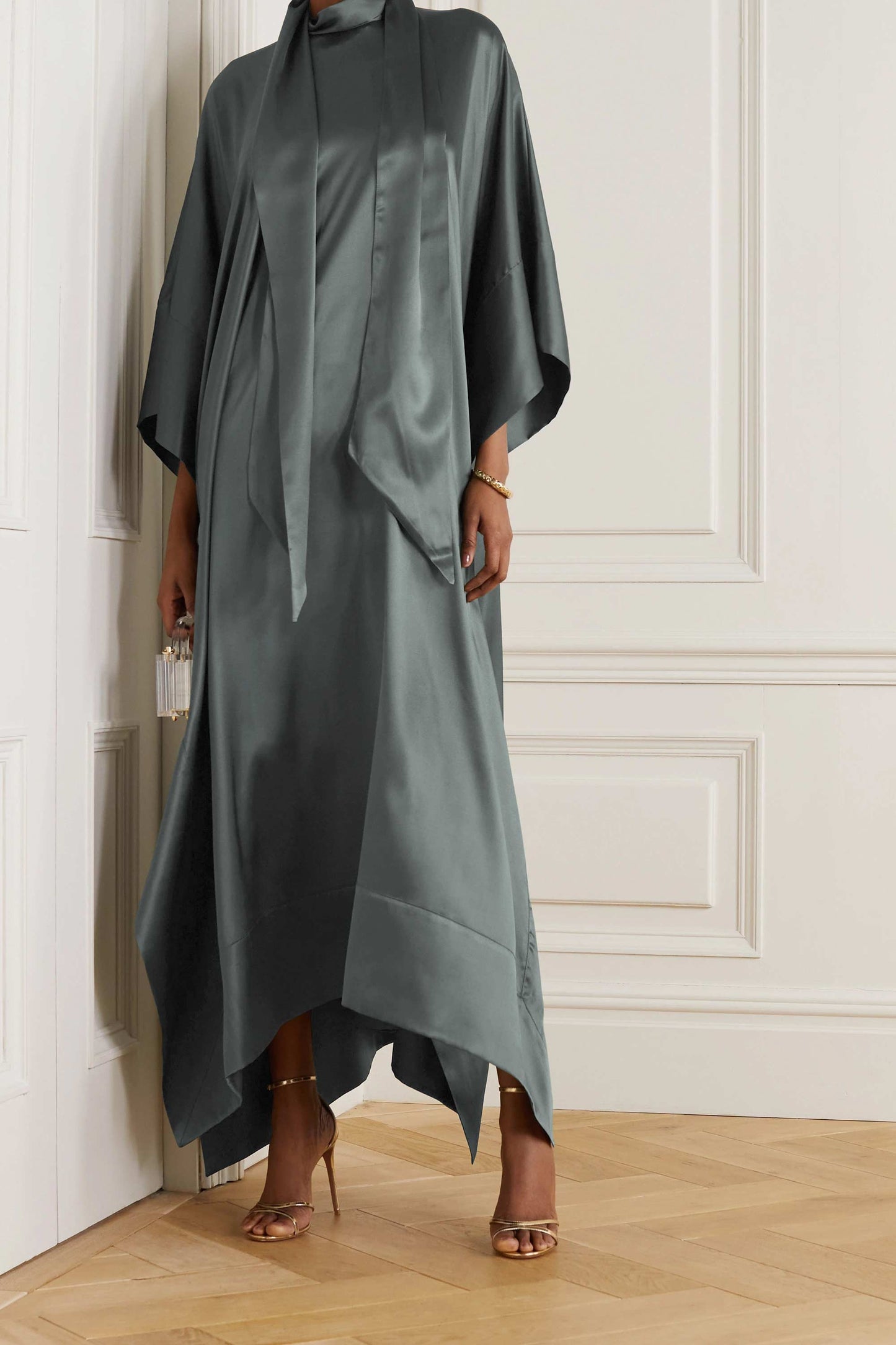Grey luxury kaftan with asymmetrical hem for formal events